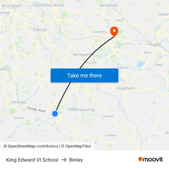 King Edward VI School to Binley map