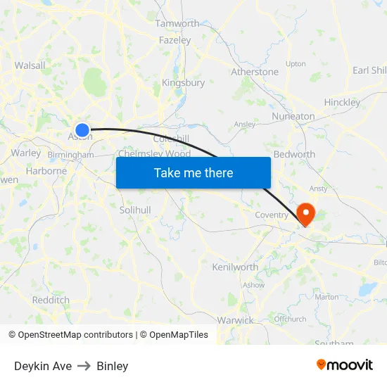 Deykin Ave to Binley map