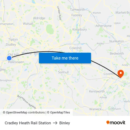 Cradley Heath Rail Station to Binley map