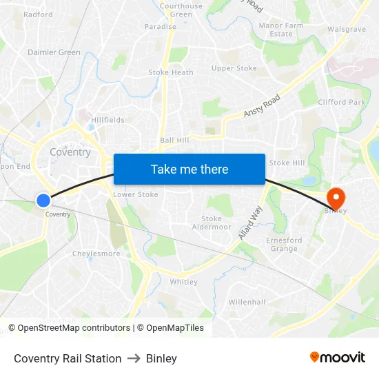 Coventry Rail Station to Binley map