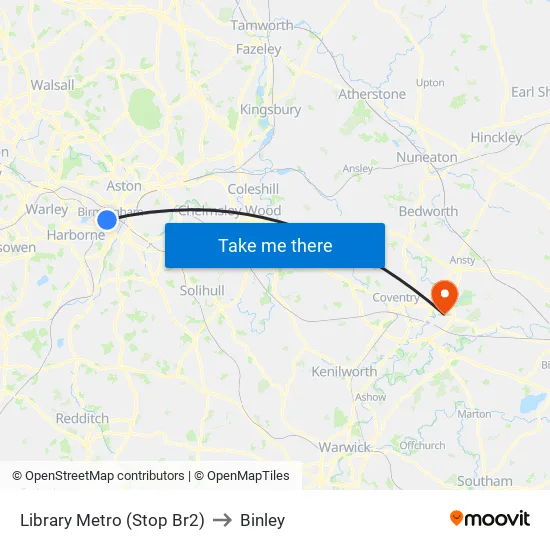 Library Metro (Stop Br2) to Binley map