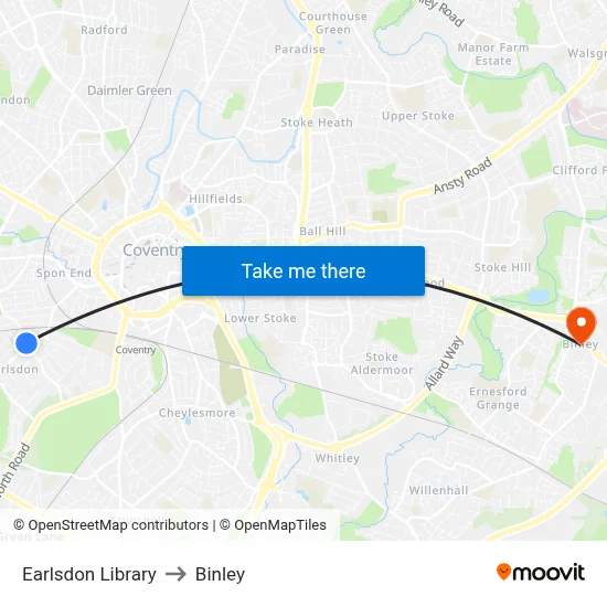 Earlsdon Library to Binley map