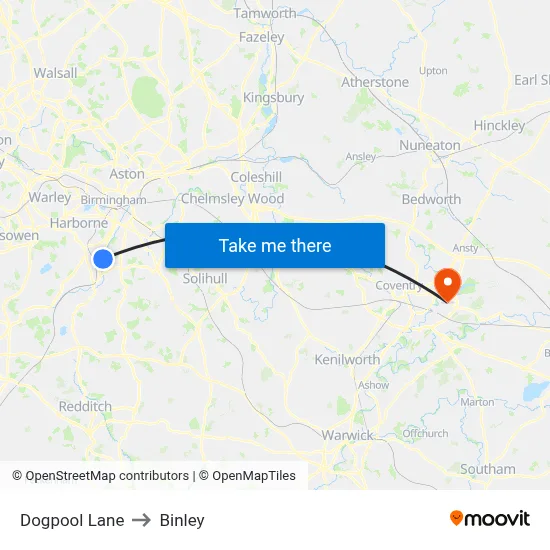 Dogpool Lane to Binley map