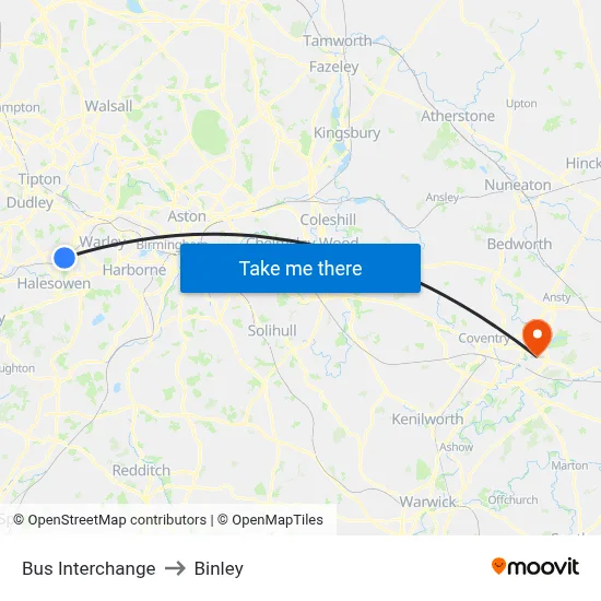Bus Interchange to Binley map