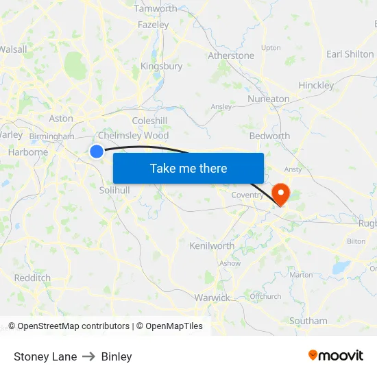 Stoney Lane to Binley map