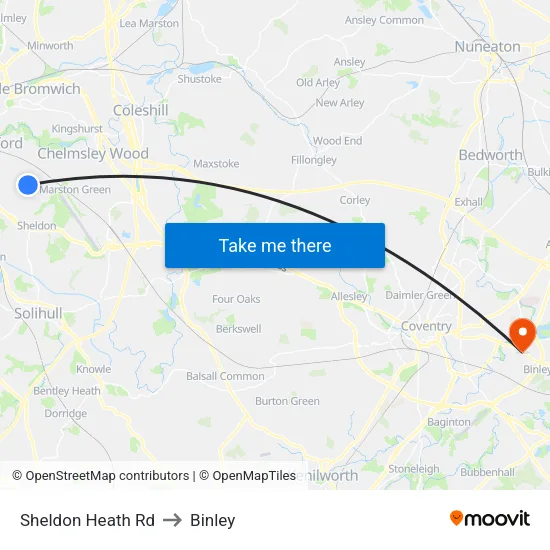 Sheldon Heath Rd to Binley map