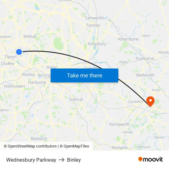 Wednesbury Parkway to Binley map