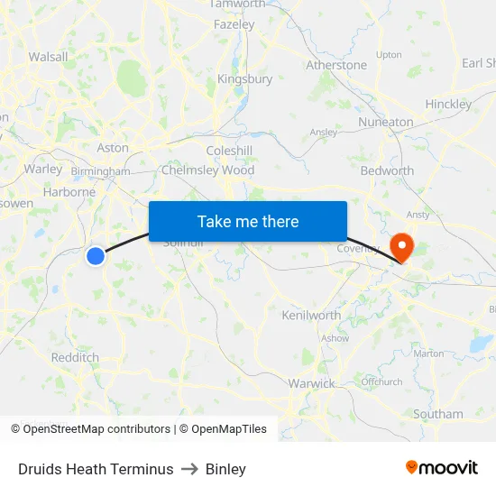 Druids Heath Terminus to Binley map