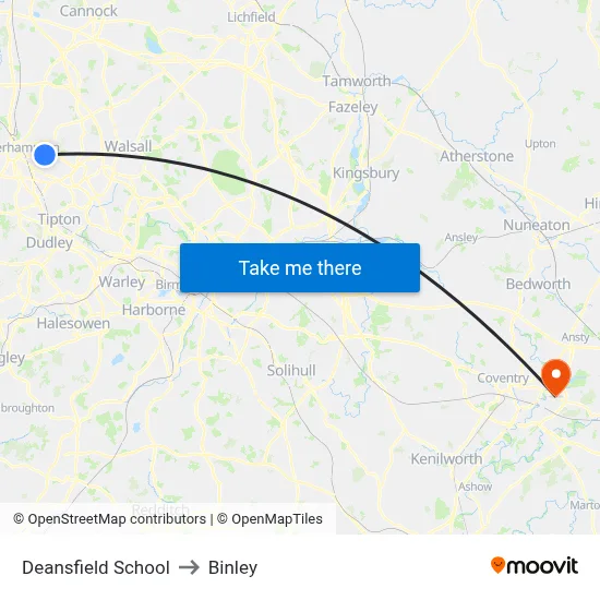 Deansfield School to Binley map