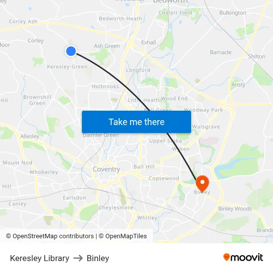Keresley Library to Binley map