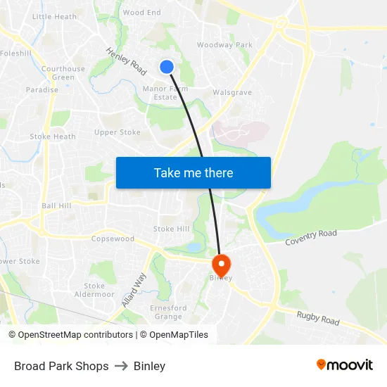 Broad Park Shops to Binley map