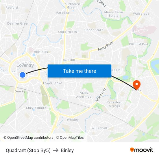 Quadrant (Stop By5) to Binley map