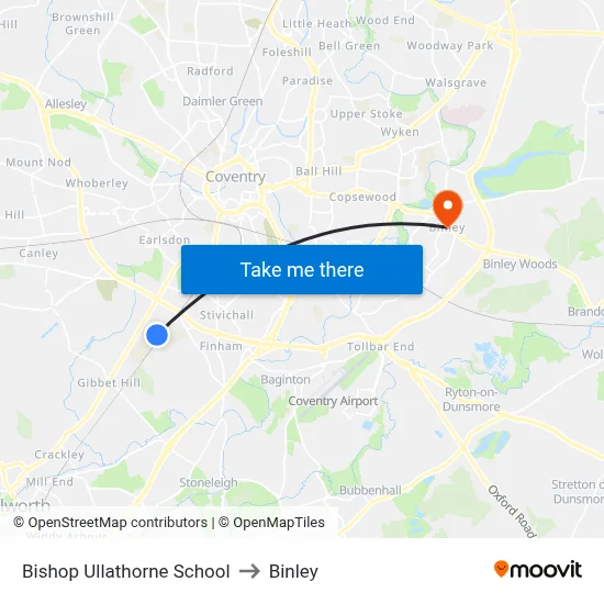 Bishop Ullathorne School to Binley map