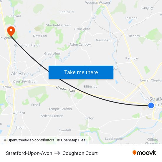 Stratford-Upon-Avon to Coughton Court map