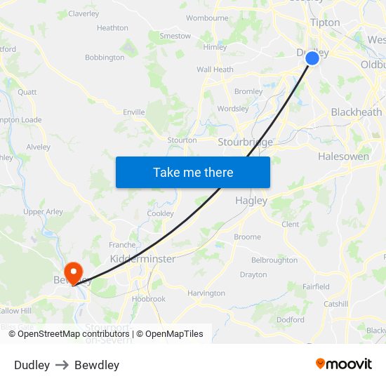 Dudley to Bewdley map