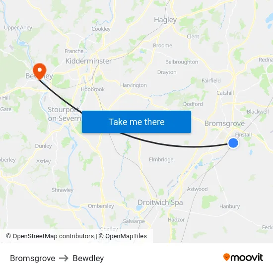Bromsgrove to Bewdley map