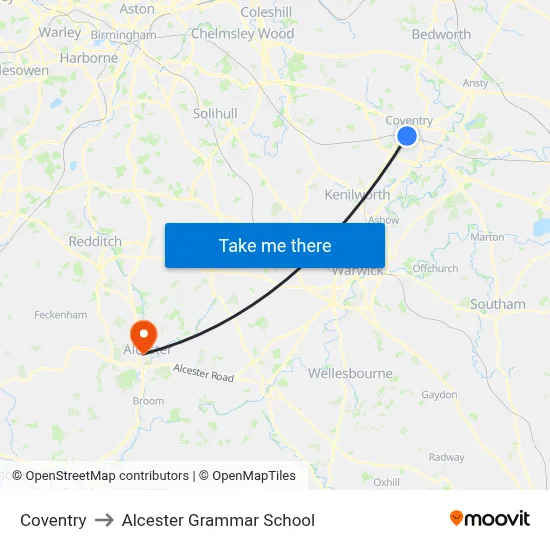 Coventry to Alcester Grammar School map
