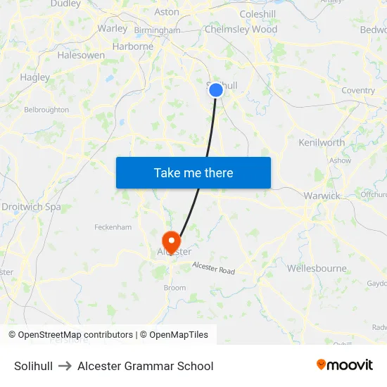 Solihull to Alcester Grammar School map