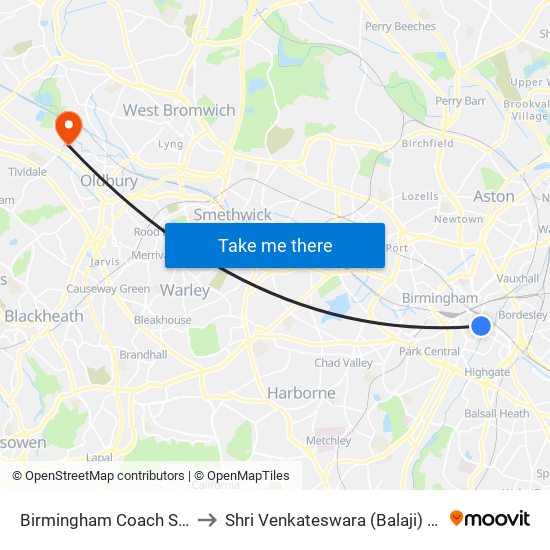 Birmingham Coach Station to Shri Venkateswara (Balaji) Temple map