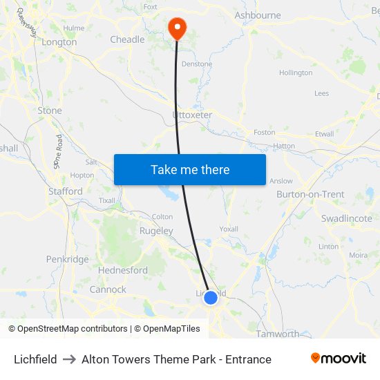 Lichfield to Alton Towers Theme Park - Entrance map