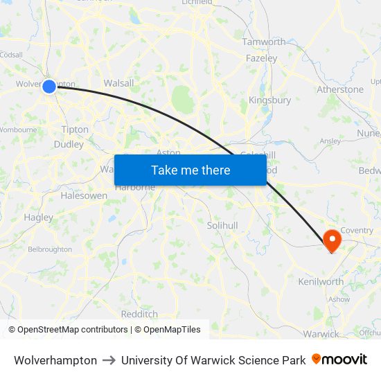 Wolverhampton to University Of Warwick Science Park map
