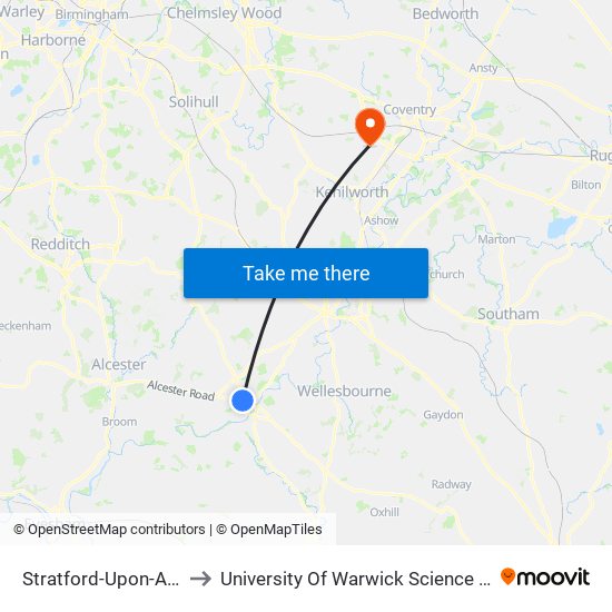 Stratford-Upon-Avon to University Of Warwick Science Park map
