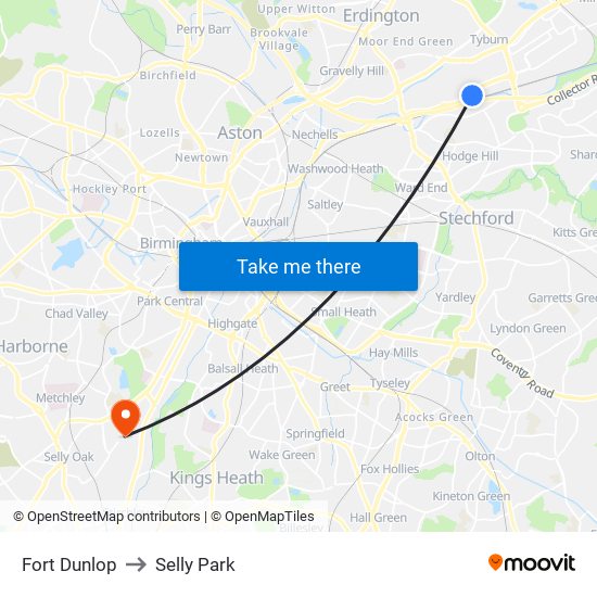 Fort Dunlop to Selly Park map