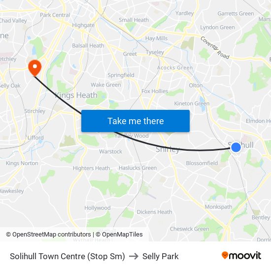 Solihull Town Centre (Stop Sm) to Selly Park map