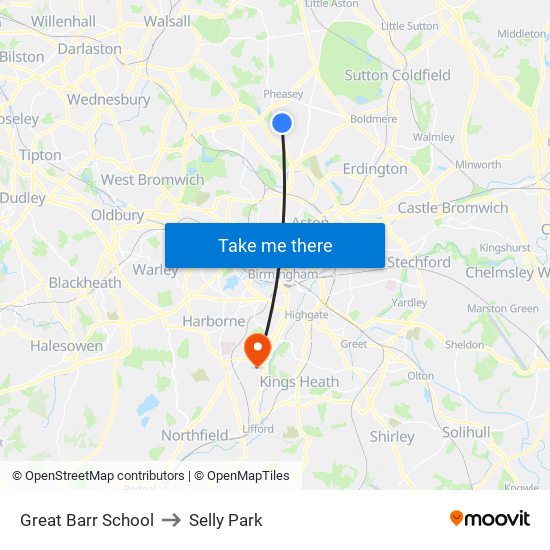 Great Barr School to Selly Park map