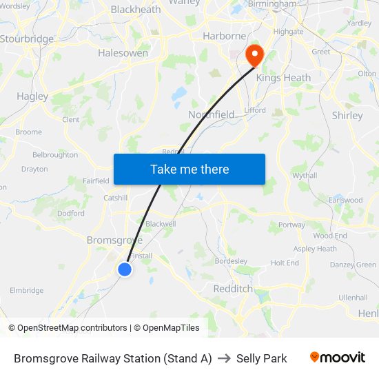 Bromsgrove Railway Station (Stand A) to Selly Park map