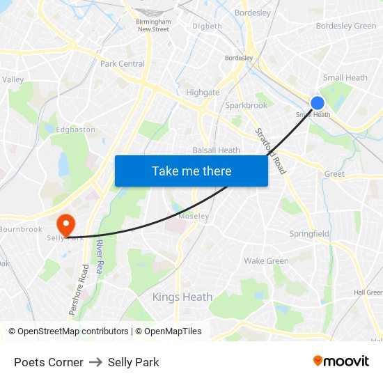 Poets Corner to Selly Park map