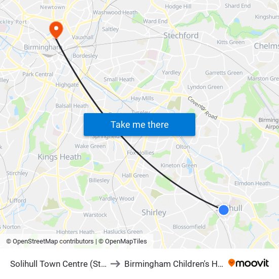 Solihull Town Centre (Stop Sa) to Birmingham Children's Hospital map