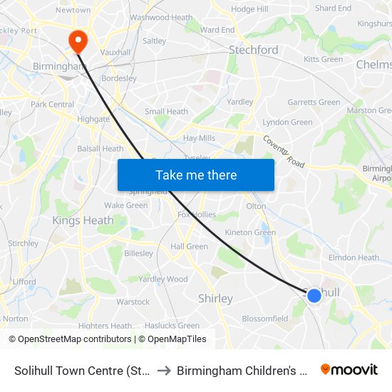 Solihull Town Centre (Stop Sm) to Birmingham Children's Hospital map