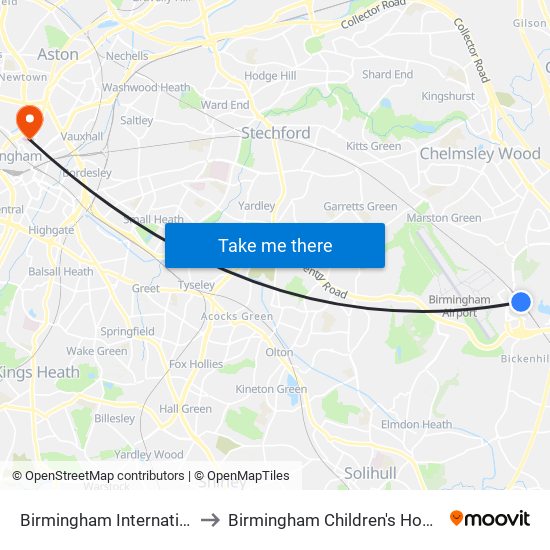 Birmingham International to Birmingham Children's Hospital map