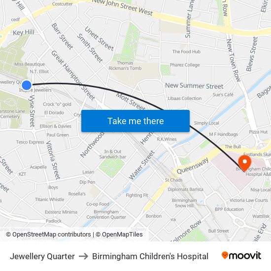 Jewellery Quarter to Birmingham Children's Hospital map
