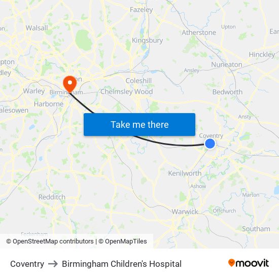 Coventry to Birmingham Children's Hospital map