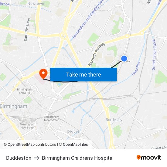 Duddeston to Birmingham Children's Hospital map