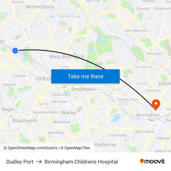 Dudley Port to Birmingham Children's Hospital map