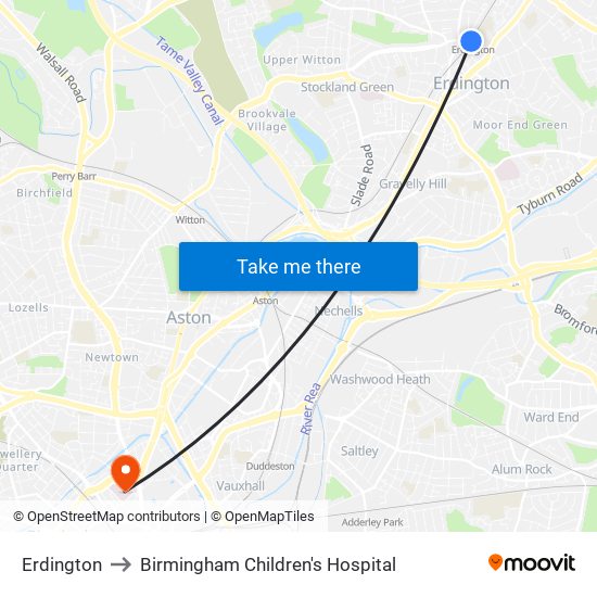 Erdington to Birmingham Children's Hospital map