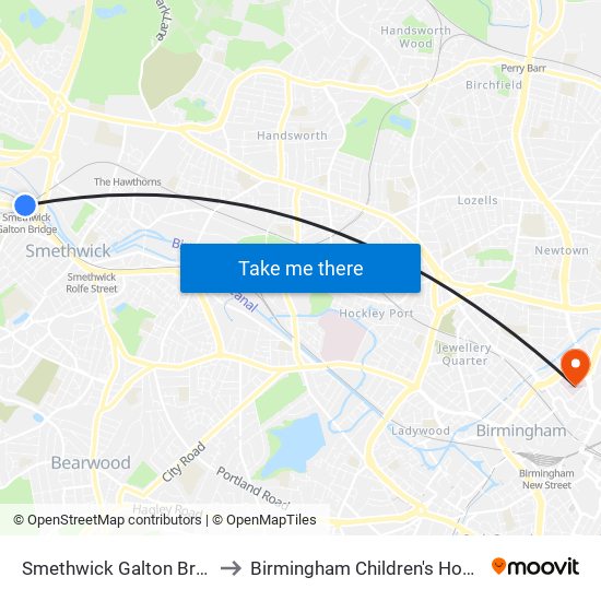 Smethwick Galton Bridge to Birmingham Children's Hospital map