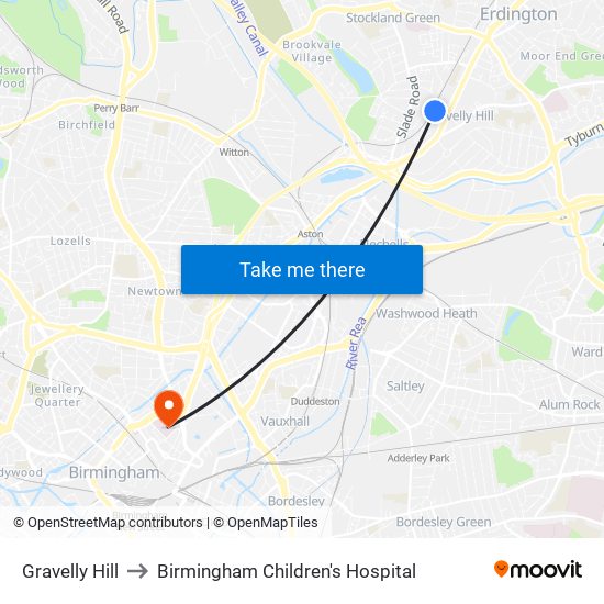 Gravelly Hill to Birmingham Children's Hospital map