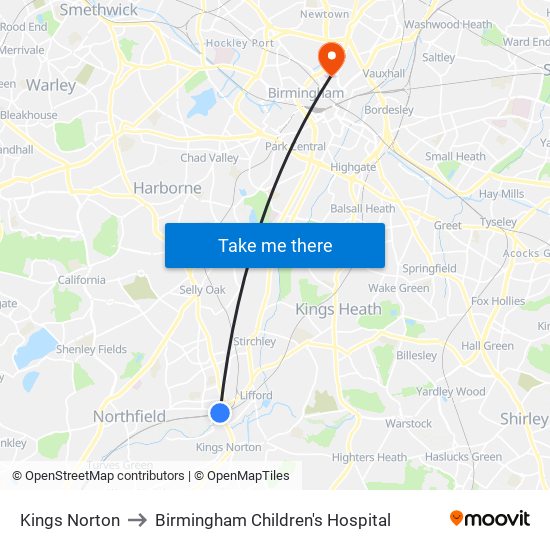 Kings Norton to Birmingham Children's Hospital map