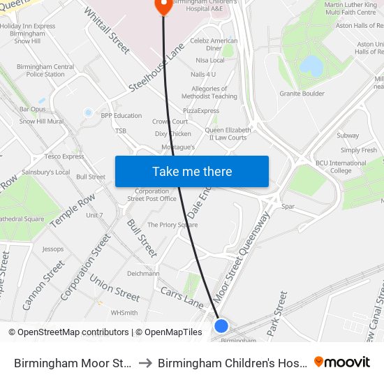 Birmingham Moor Street to Birmingham Children's Hospital map