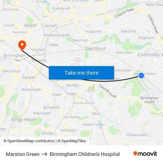 Marston Green to Birmingham Children's Hospital map