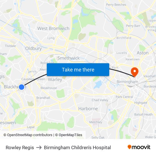 Rowley Regis to Birmingham Children's Hospital map