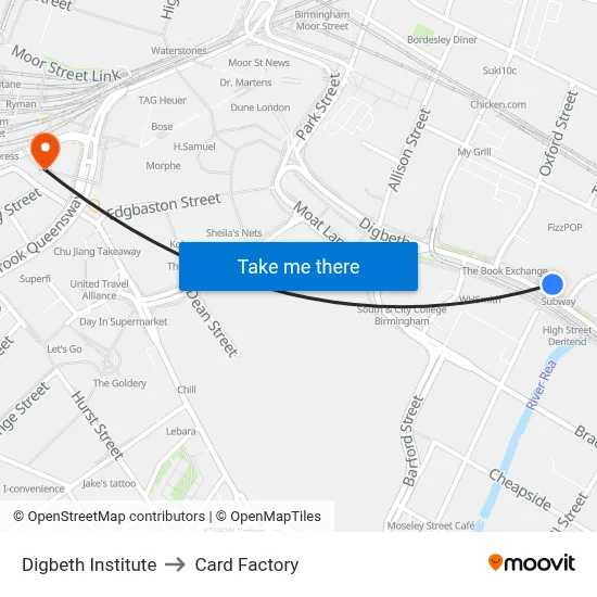 Digbeth Institute to Card Factory map
