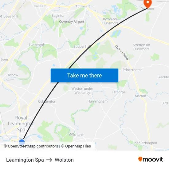 Leamington Spa to Wolston map