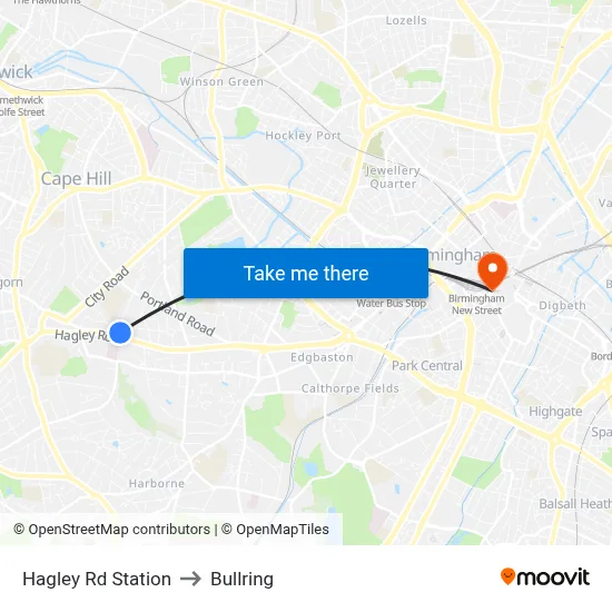 Hagley Rd Station to Bullring map