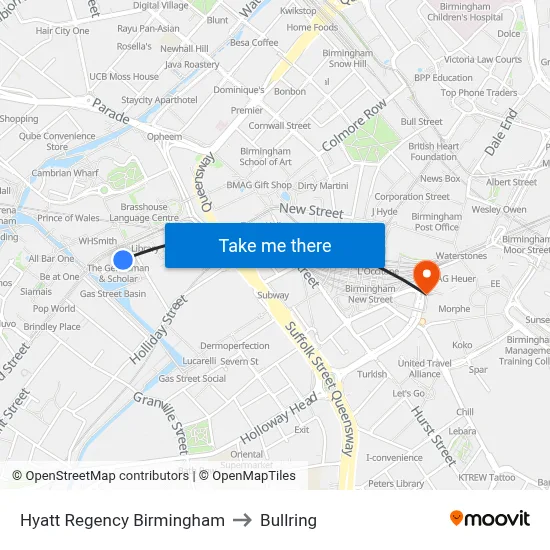 Hyatt Regency Birmingham to Bullring map