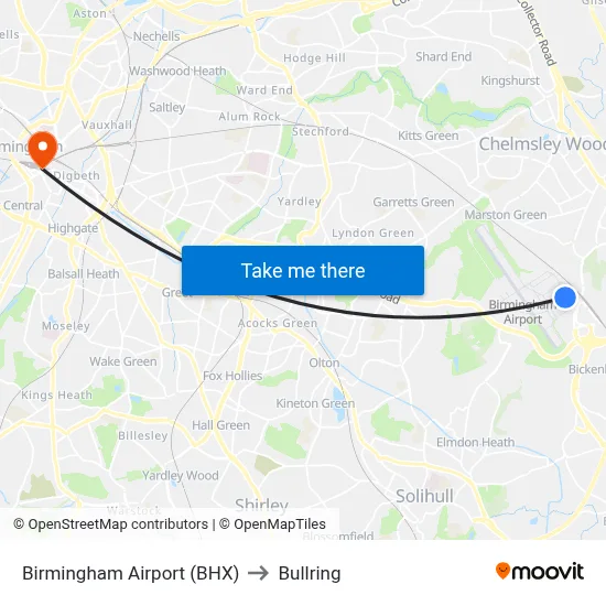 Birmingham Airport (BHX) to Bullring map